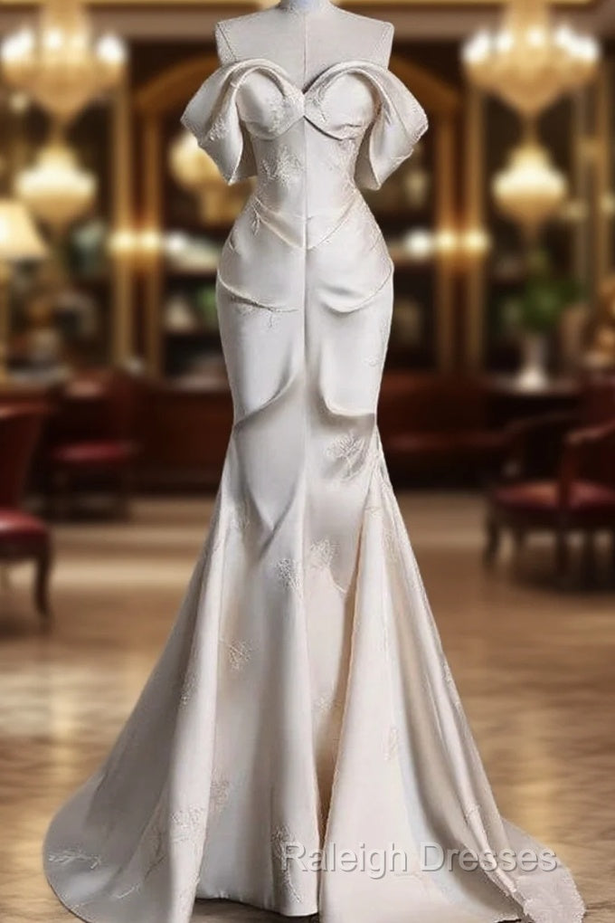 Sexy Mermaid Off The Shoulder Ivory Satin Long Wedding Dresses Brides Dress Main image
