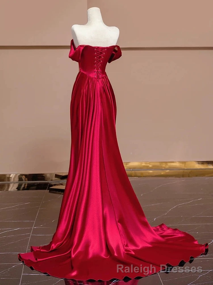 Sexy Mermaid Off The Shoulder Satin Red Floor Length Evening Dress Prom Dresses