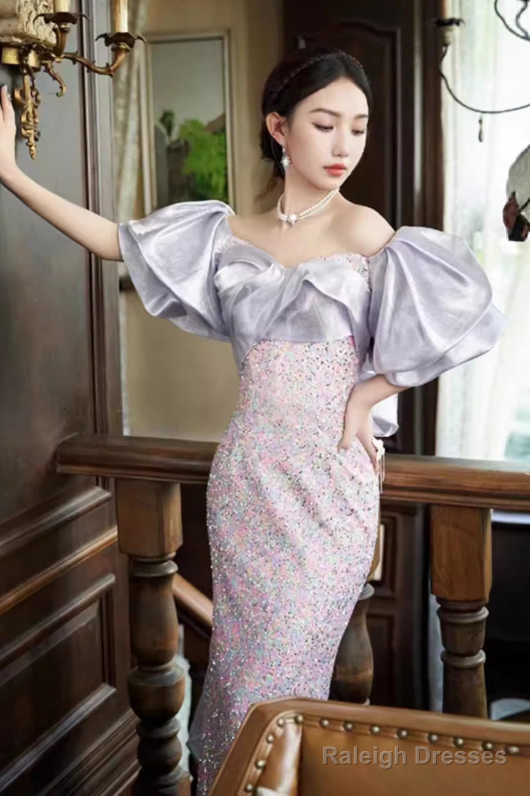 Mermaid Off The Shoulder Sequin Lilac Long Prom Dress