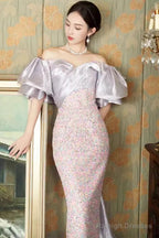 Sexy Mermaid Off The Shoulder Sequin Lilac Long Prom Dresses