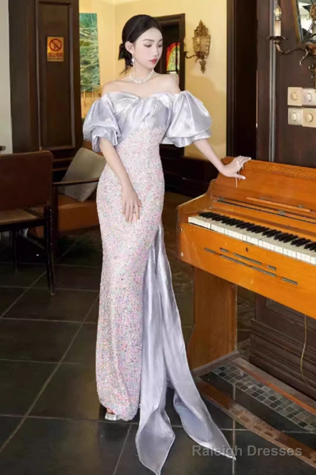 Sexy Mermaid Off The Shoulder Sequin Lilac Long Prom Dresses