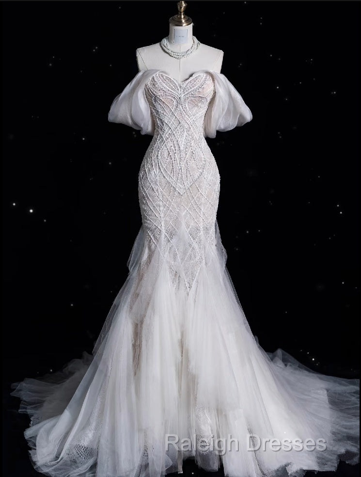 Sexy Mermaid Off The Shoulder White Lace Long Wedding Dresses Brides Dress