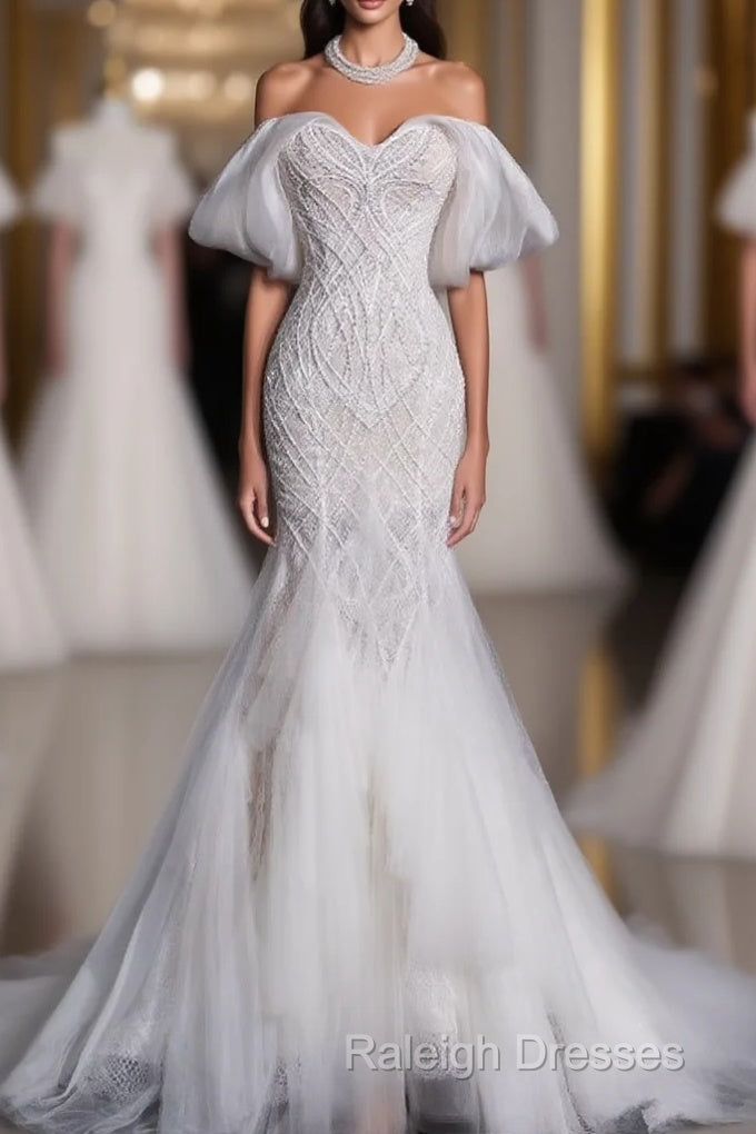 Sexy Mermaid Off The Shoulder White Lace Long Wedding Dresses Brides Dress Main image