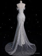 Sexy Mermaid Off The Shoulder White Lace Sequin Long Wedding Dresses Brides Dress