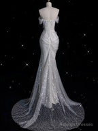 Mermaid Off The Shoulder White Lace Sequin Long Wedding Dress Brides Dresses