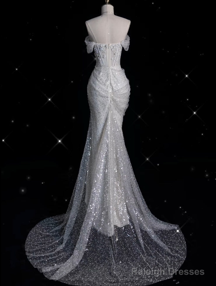 Mermaid Off The Shoulder White Lace Sequin Long Wedding Dress Brides Dresses