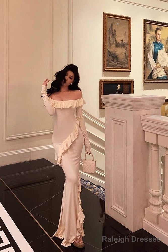 Mermaid Off The Shoulder White Long Sleeves Ankle Length Ruffle Prom Dress Birthday Outfits