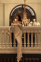 Mermaid Off The Shoulder White Long Sleeves Ankle Length Ruffle Prom Dress Birthday Outfits