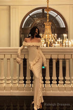 Mermaid Off The Shoulder White Long Sleeves Ankle Length Ruffle Prom Dress Birthday Outfits