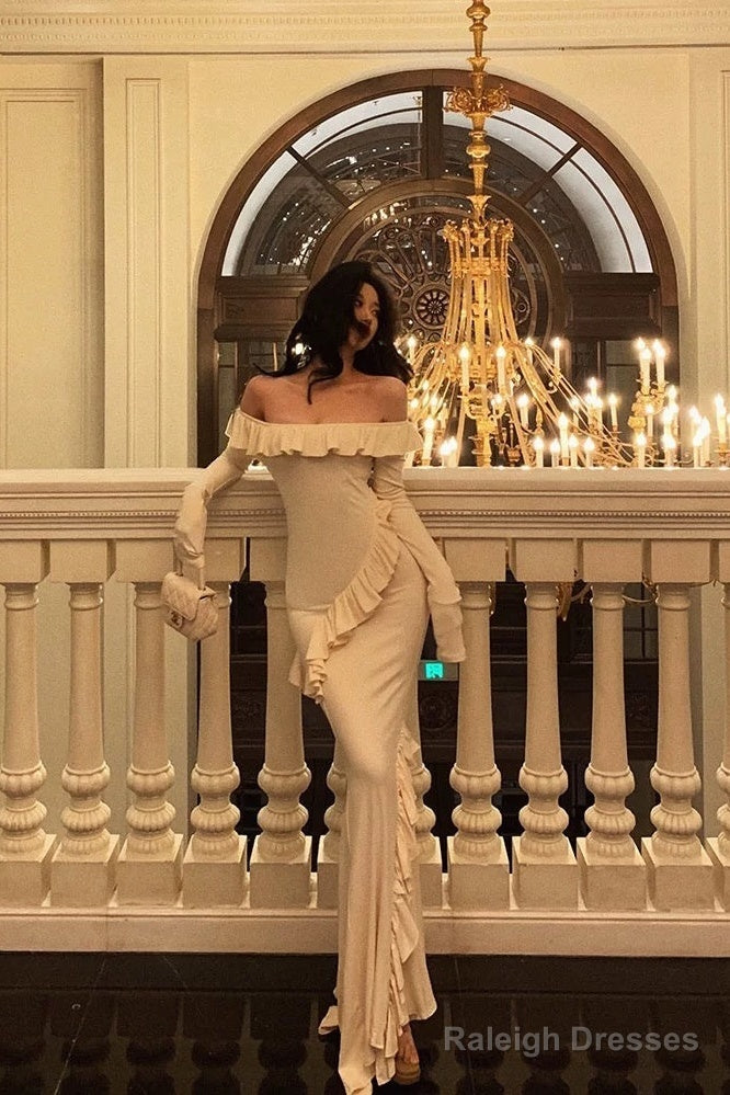 Mermaid Off The Shoulder White Long Sleeves Ankle Length Ruffle Prom Dress Birthday Outfits
