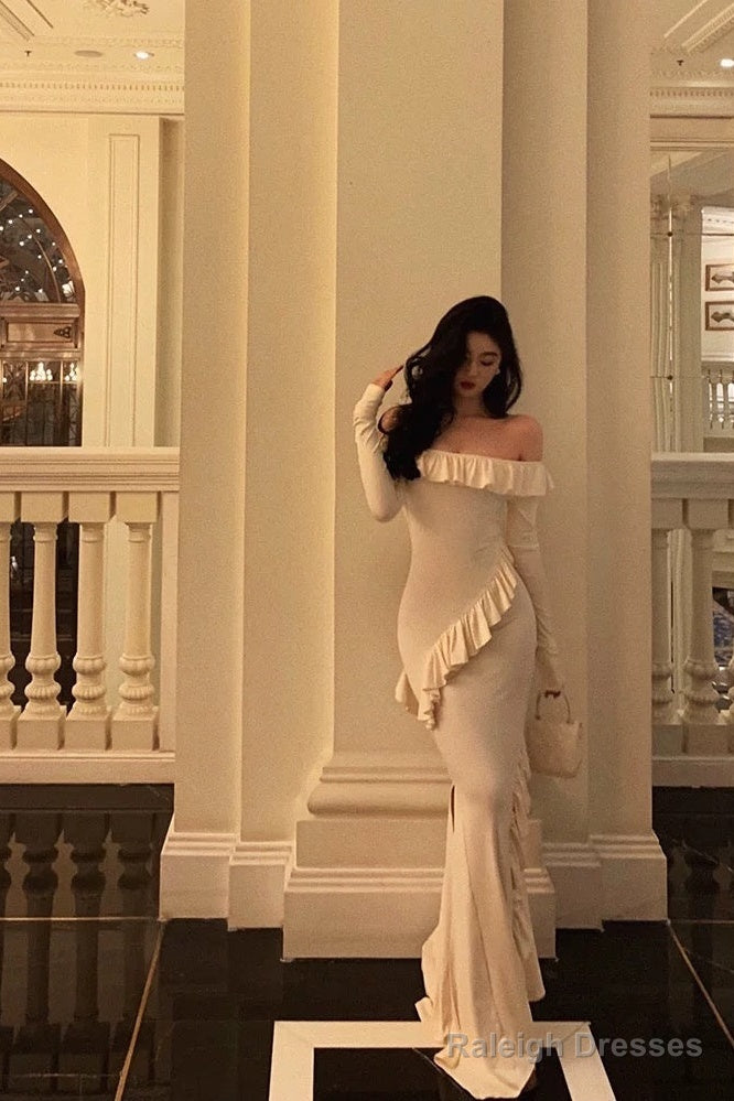 Sexy Mermaid Off The Shoulder White Long Sleeves Ankle Length Ruffle Prom Dresses Birthday Outfits Main image