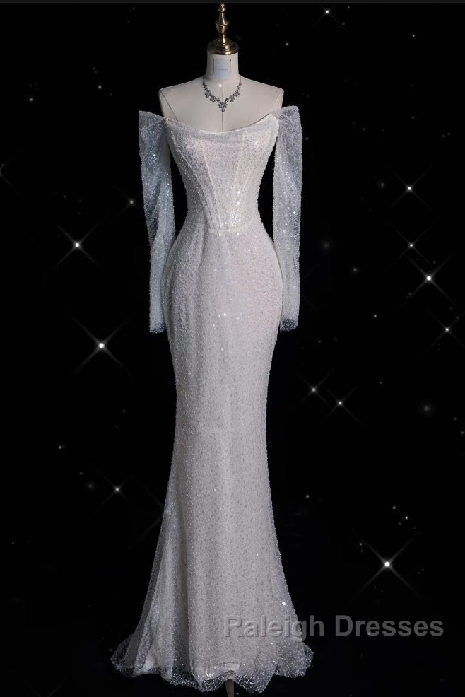 Sexy Mermaid Off The Shoulder White Sequin Long Sleeves Wedding Dresses Brides Dress Secondary image