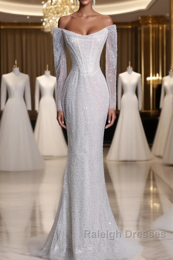 Mermaid Off The Shoulder White Sequin Long Sleeves Wedding Dress Brides Dresses Main image