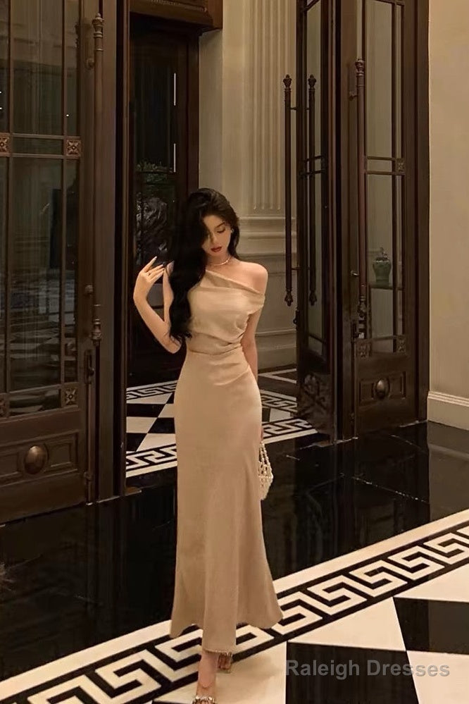 Mermaid One Shoulder Satin Champagne Prom Dress Long Birthday Outfits Prom Gowns