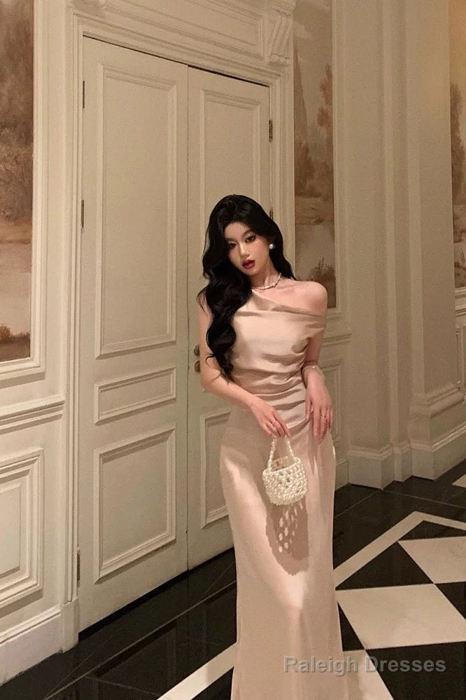 Mermaid One Shoulder Satin Champagne Prom Dress Long Birthday Outfits Prom Gowns