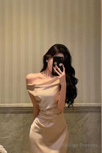 Sexy Mermaid One Shoulder Satin Champagne Prom Dresses Long Birthday Outfits Evening Gown