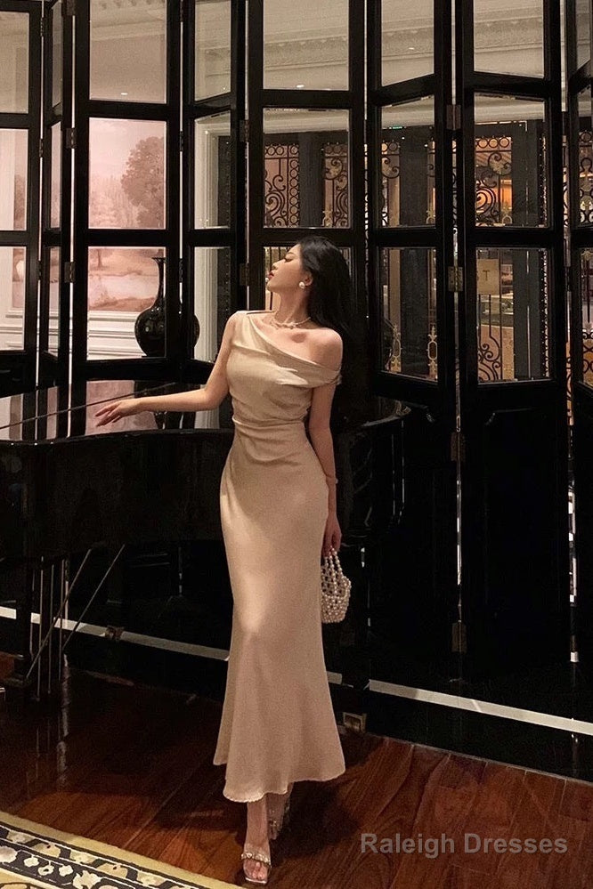 Sexy Mermaid One Shoulder Satin Champagne Prom Dresses Long Birthday Outfits Evening Gown