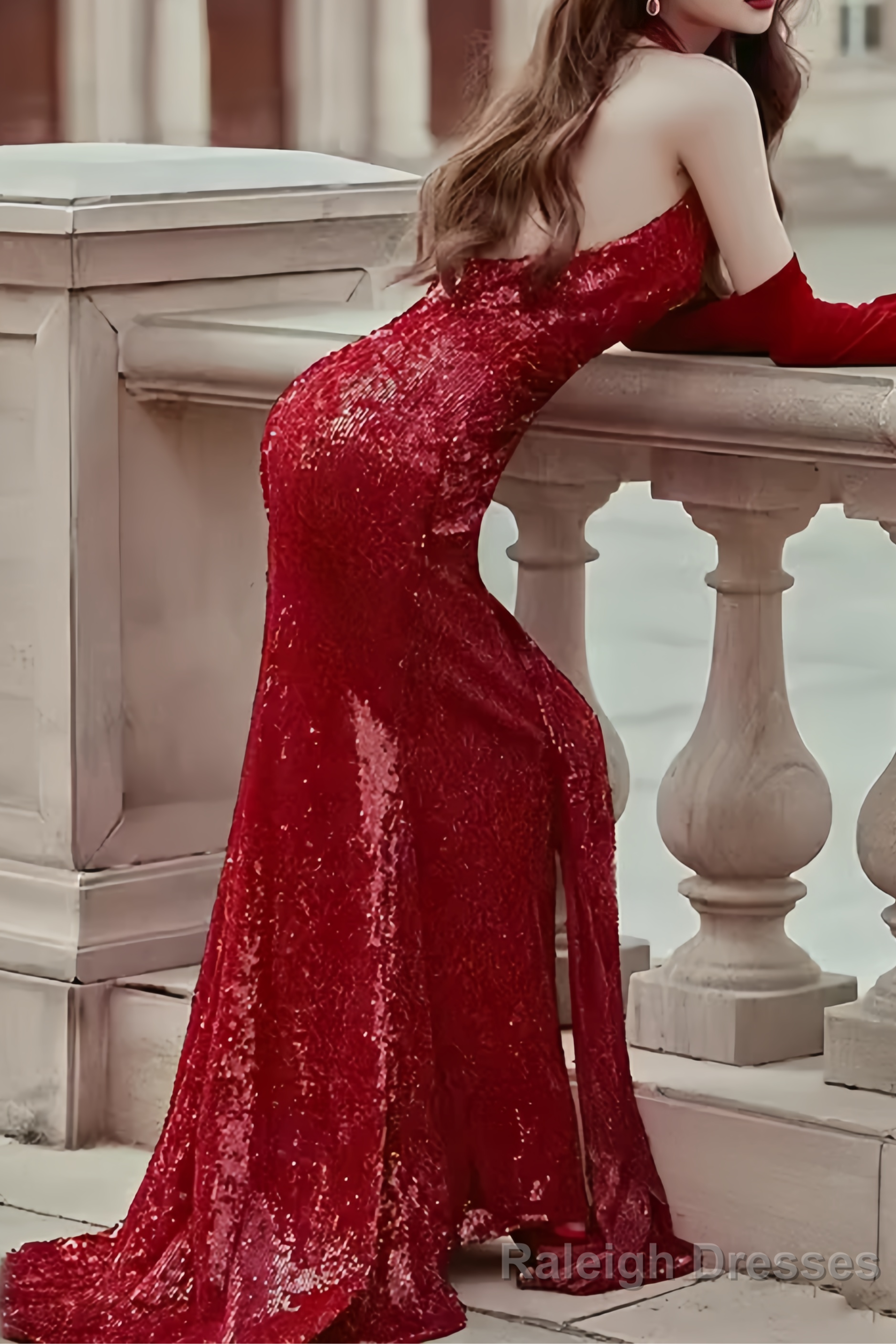 Sexy Mermaid Party Dresses Sequin Halter Red Prom Dresses