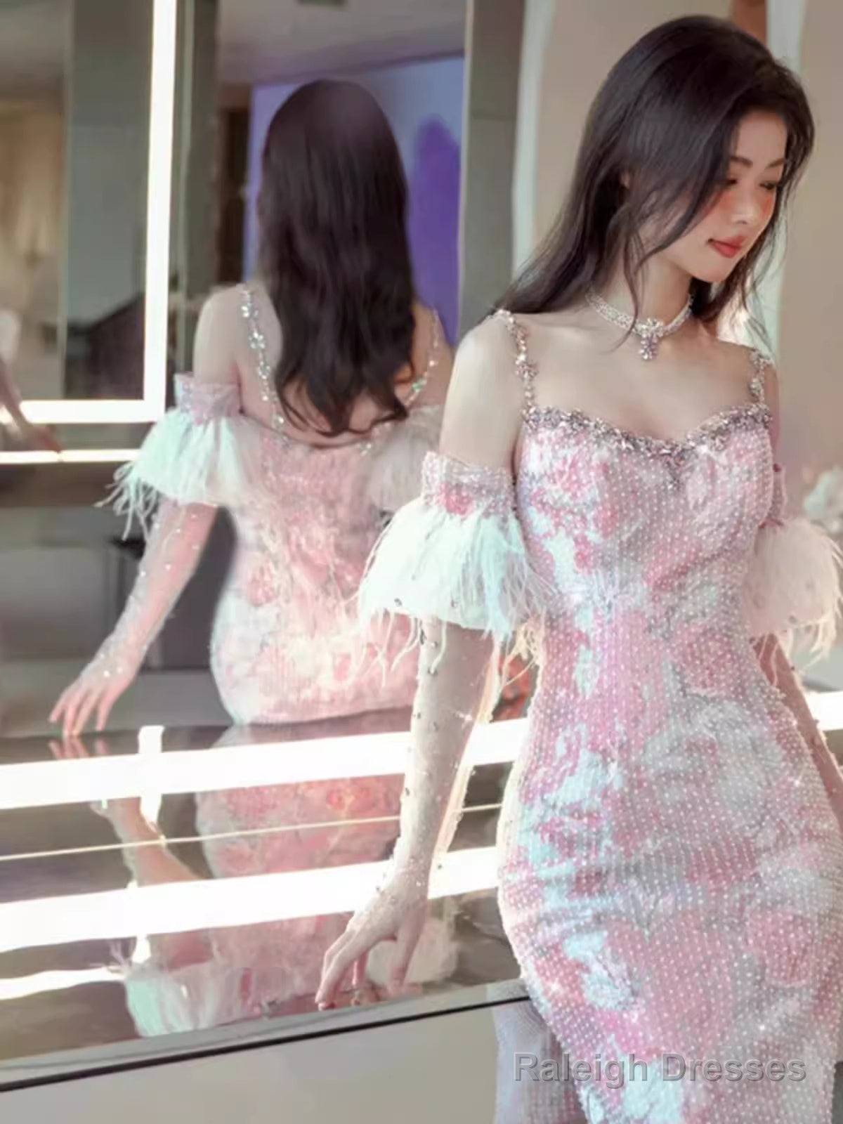 Sexy Mermaid Pink Sequin Prom Dresses