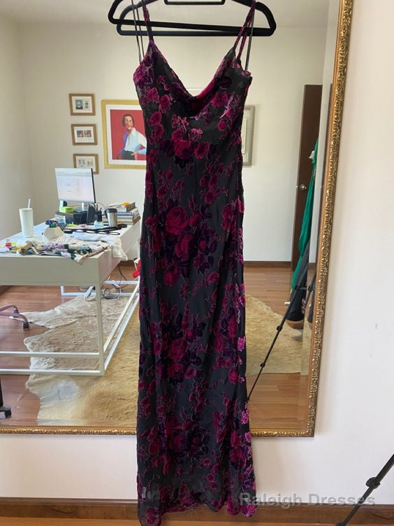 Sexy Mermaid Prom Gown With Straps Floral Black Prom Dresses