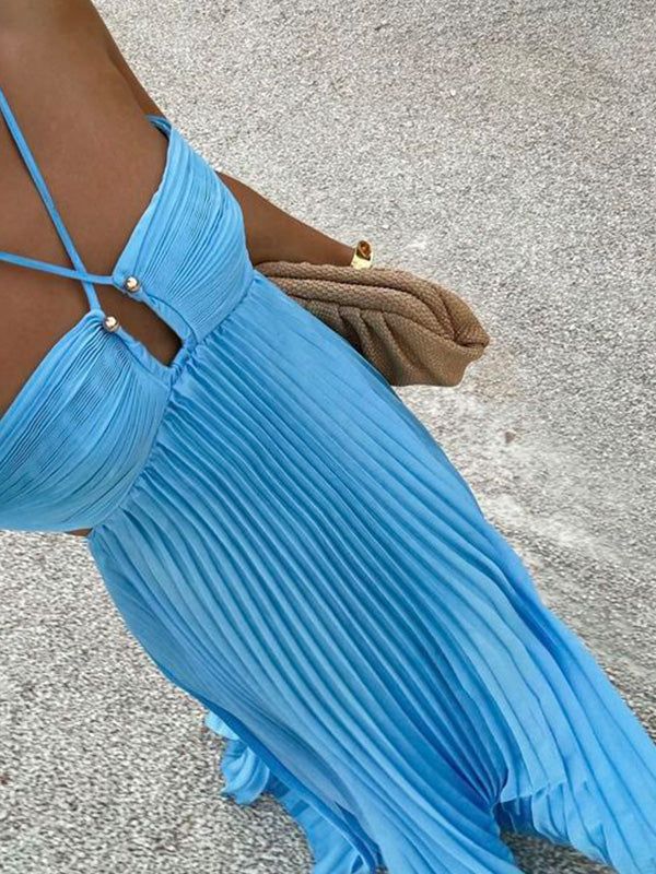 A-Line Spaghetti Straps Blue Backless Prom Dress Long Prom Dresses