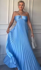 A-Line Spaghetti Straps Blue Backless Prom Dress Long Prom Dresses