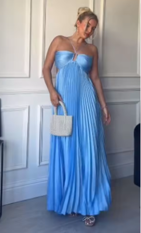 A-Line Spaghetti Straps Blue Backless Prom Dress Long Prom Dresses