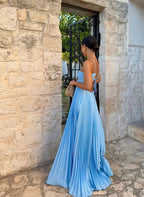 A-Line Spaghetti Straps Blue Backless Prom Dress Long Prom Dresses