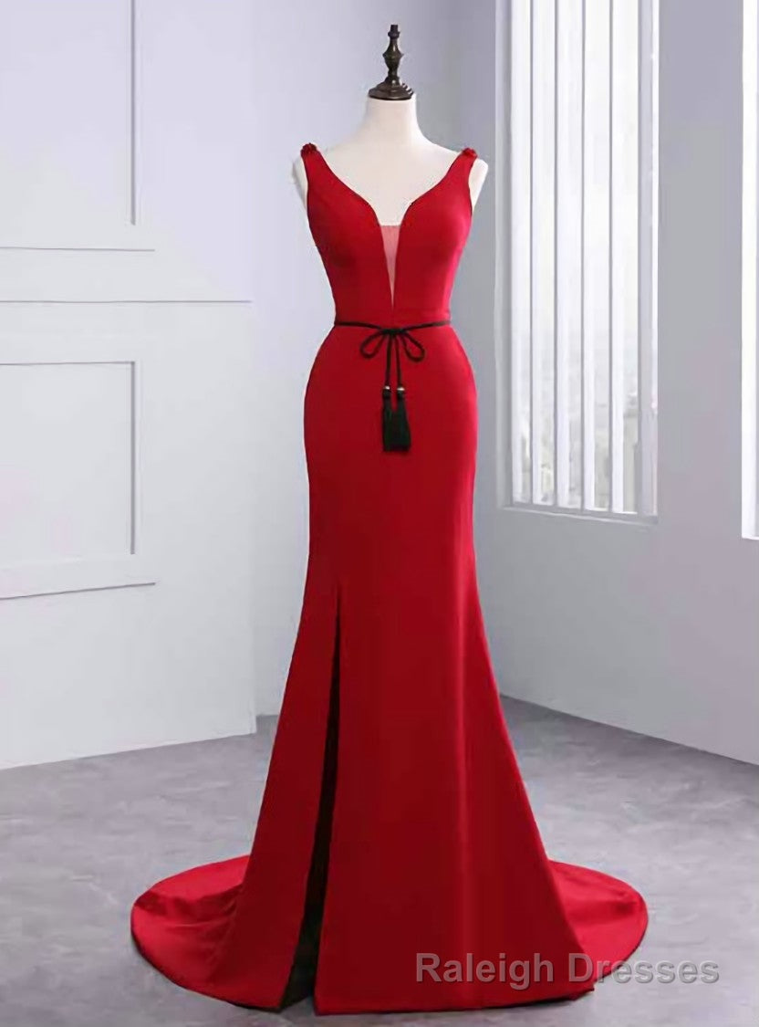 Sexy Mermaid Red Satin V Neck Backless Prom Dress With Sash Main image
