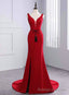 Sexy Mermaid Red Satin V Neck Backless Prom Dress With Sash