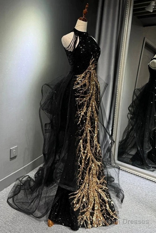 Sexy Mermaid Scoop Neckline Black Sequin Floor Length Prom Dresses