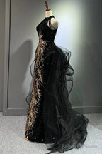 Sexy Mermaid Scoop Neckline Black Sequin Floor Length Prom Dresses