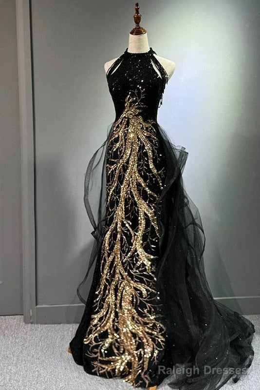 Sexy Mermaid Scoop Neckline Black Sequin Floor Length Prom Dresses