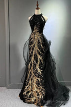 Mermaid Scoop Neckline Black Sequin Floor Length Prom Dress