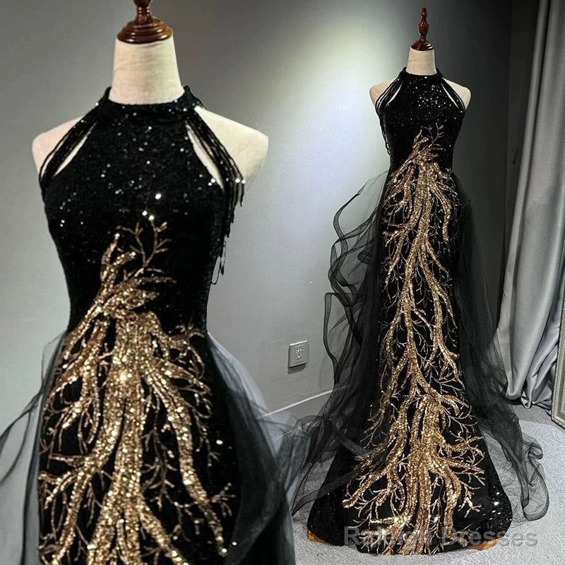 Mermaid Scoop Neckline Black Sequin Floor Length Prom Dress