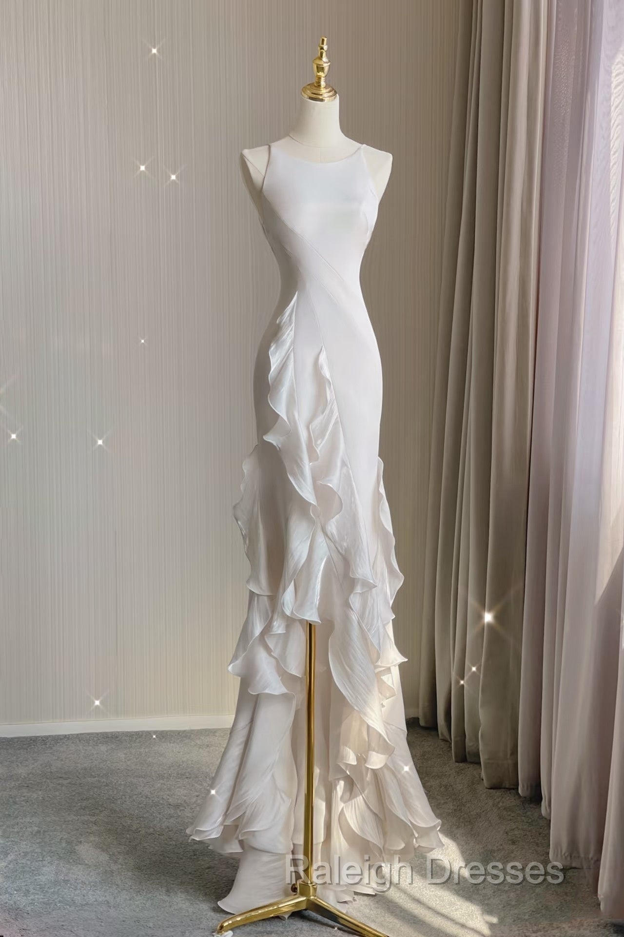 Mermaid Scoop Satin Night Prom Dresses White Long Prom Dress