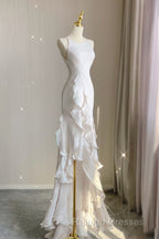 Sexy Mermaid Scoop Satin Night Party Dress White Long Prom Dresses