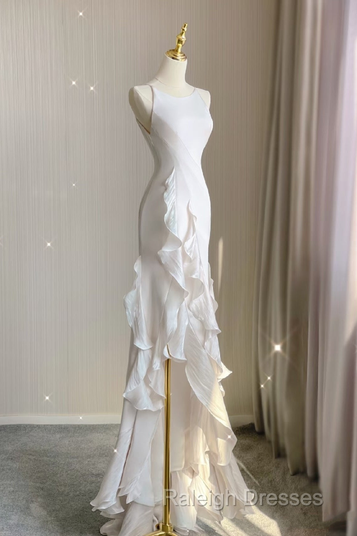 Sexy Mermaid Scoop Satin Night Party Dress White Long Prom Dresses