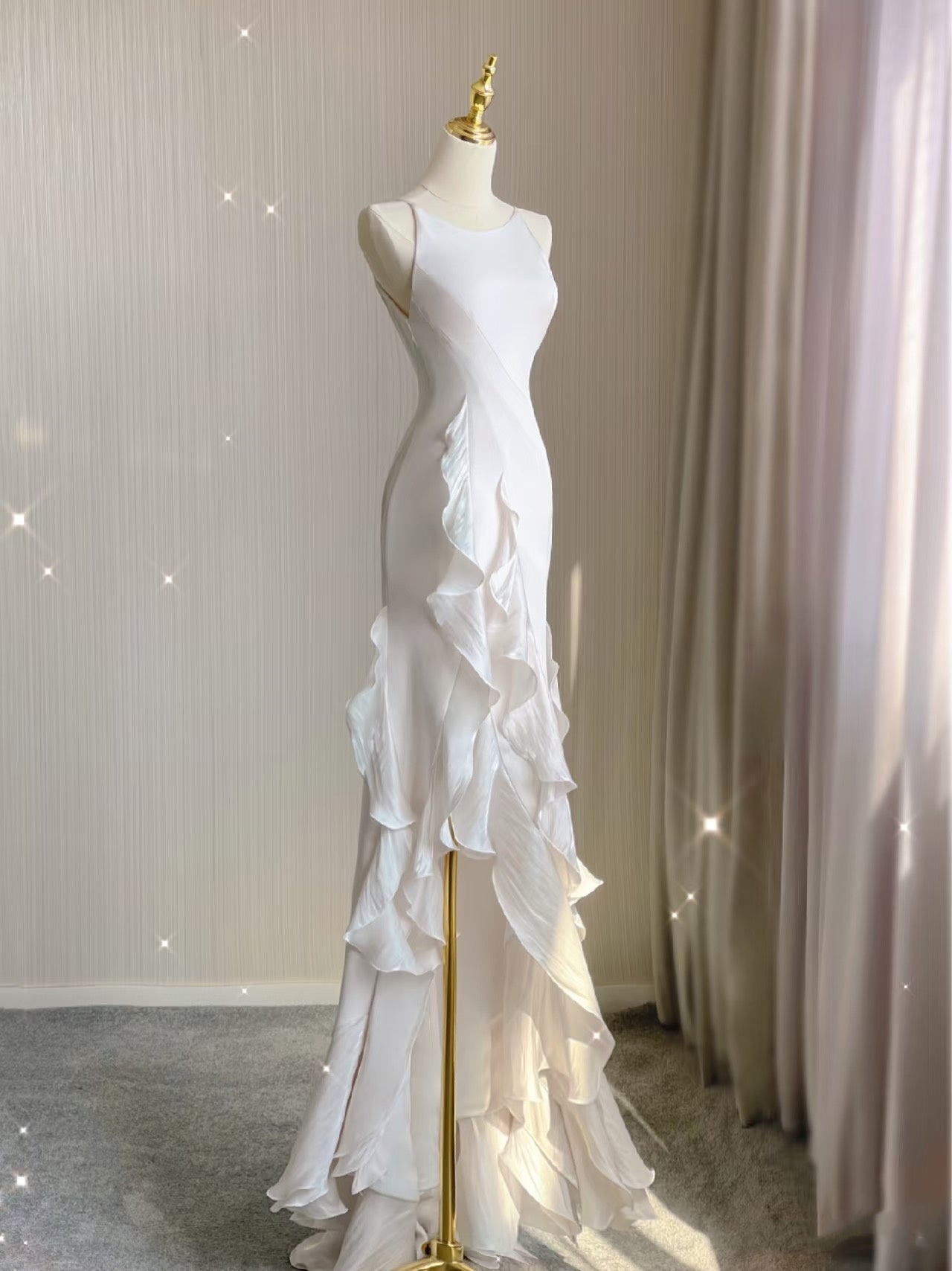 Mermaid Scoop Satin Night Prom Dresses White Long Prom Dress