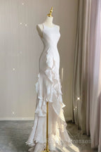Mermaid Scoop Satin Night Prom Dresses White Long Prom Dress