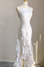 Sexy Mermaid Scoop Satin Night Party Dress White Long Prom Dresses