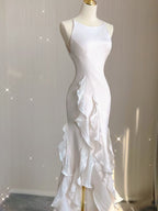 Mermaid Scoop Satin Night Prom Dresses White Long Prom Dress