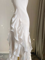 Mermaid Scoop Satin Night Prom Dresses White Long Prom Dress