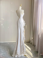 Mermaid Scoop Satin Night Prom Dresses White Long Prom Dress