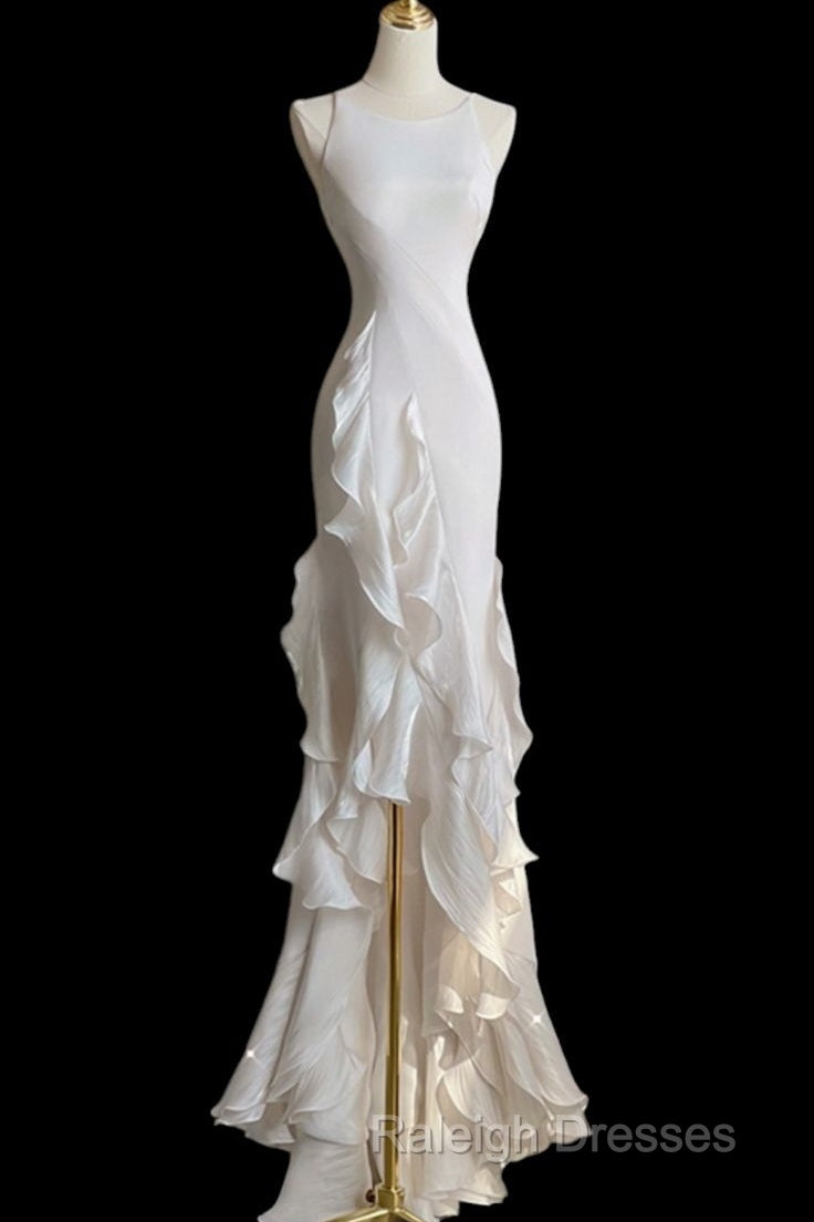 Sexy Mermaid Scoop Satin Night Party Dress White Long Prom Dresses