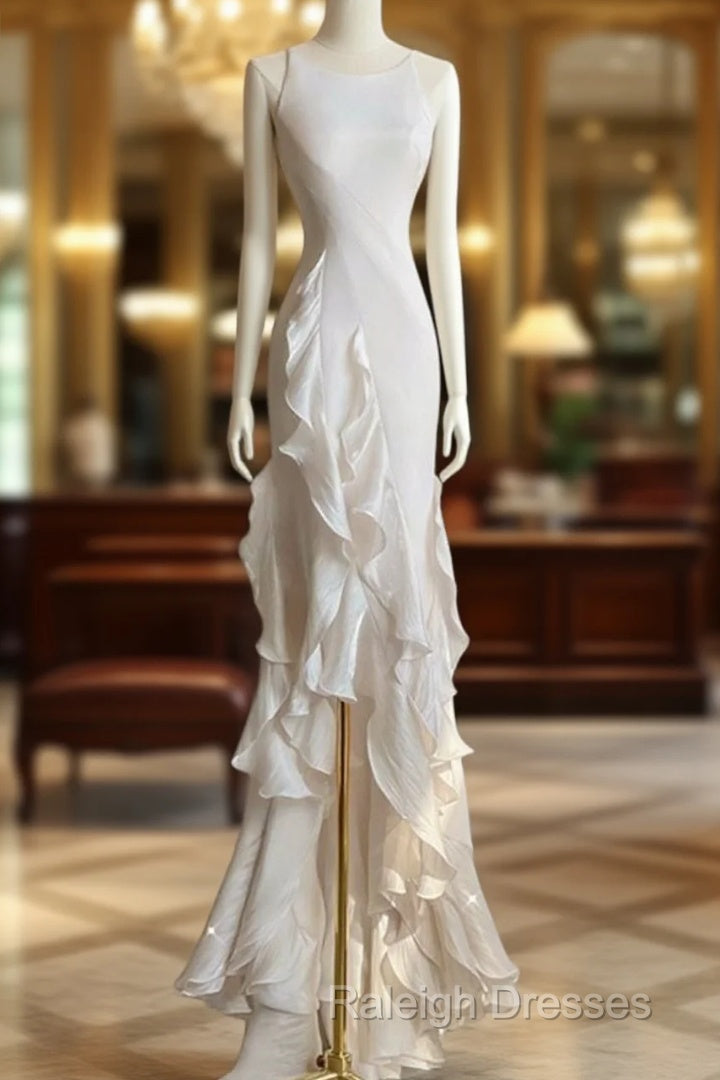 Sexy Mermaid Scoop Satin Night Party Dress White Long Prom Dresses