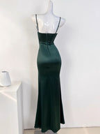Mermaid Sleeveless Green Satin Long Prom Dresses