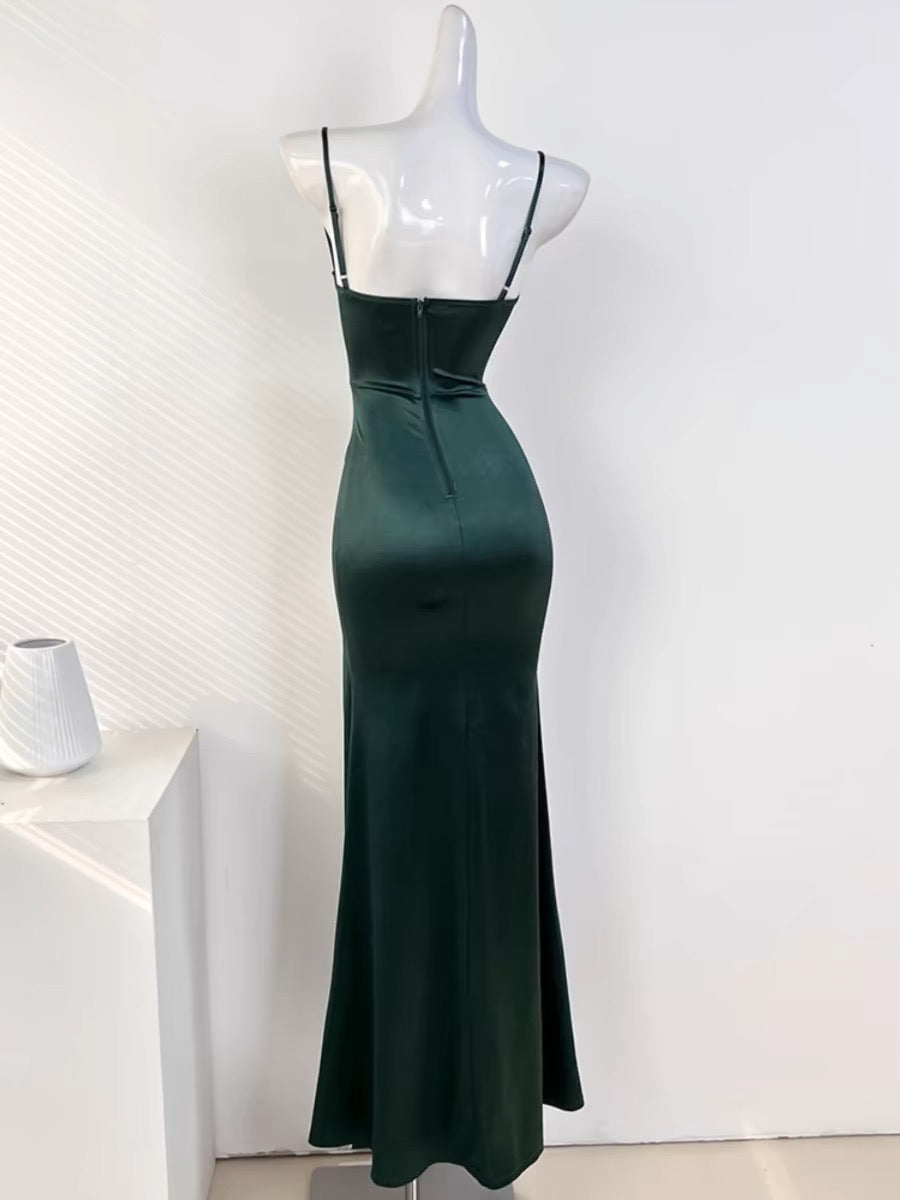 Mermaid Sleeveless Green Satin Long Prom Dresses