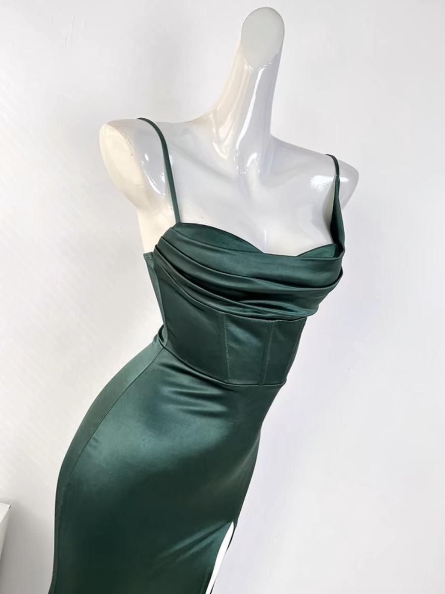 Mermaid Sleeveless Green Satin Long Prom Dresses