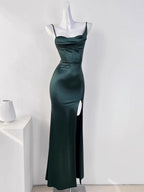 Mermaid Sleeveless Green Satin Long Prom Dresses